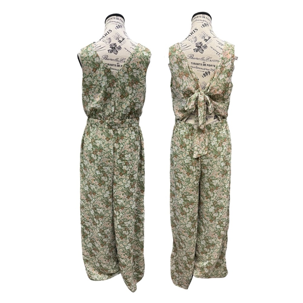 SAGE The Label Green Floral Reversible Tie-Front Wide Leg Jumpsuit Size Medium - Picture 10 of 12